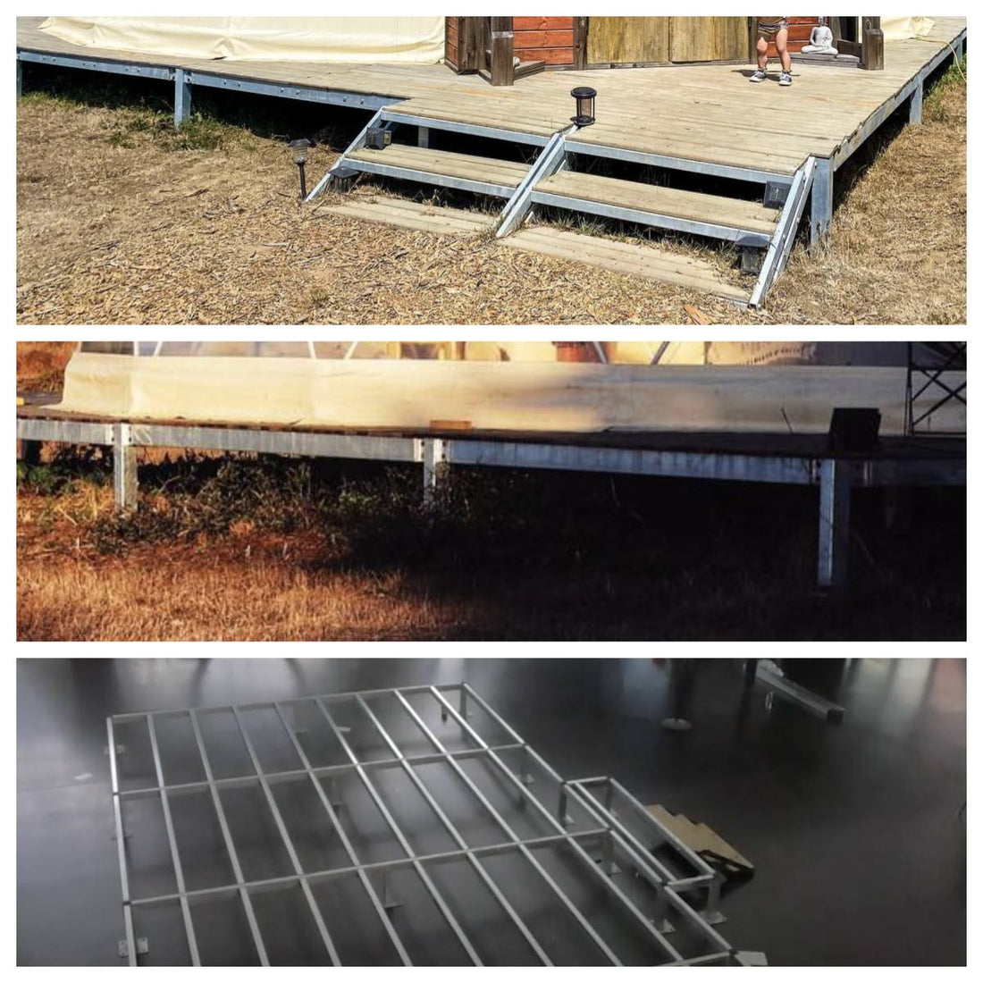 Alt text: &quot;Sturdy metal foundation and platform for a geodesic dome house, showcasing the durable base structure ideal for glamping solutions like geo-domes and bell tents. Perfect for creating a luxury Airbnb or sustainable off-grid living space. Keywords: geodesic dome house kit, backyard dome, glamping pods for sale.&quot;