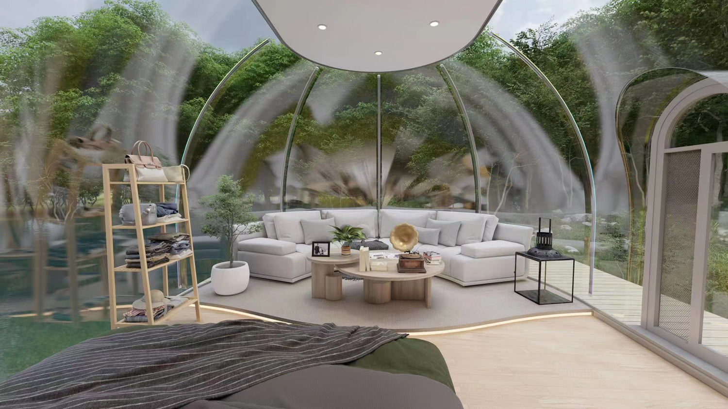 Alt text: &quot;Interior view of a luxurious geodesic dome with modern furnishings, featuring a cozy seating area, stylish decor, and large porthole windows offering a scenic view of lush greenery. Ideal for glamping, sustainable living, or as a spacious art studio. Keywords: geodesic dome, luxury glamping, dome home, porthole windows.&quot;