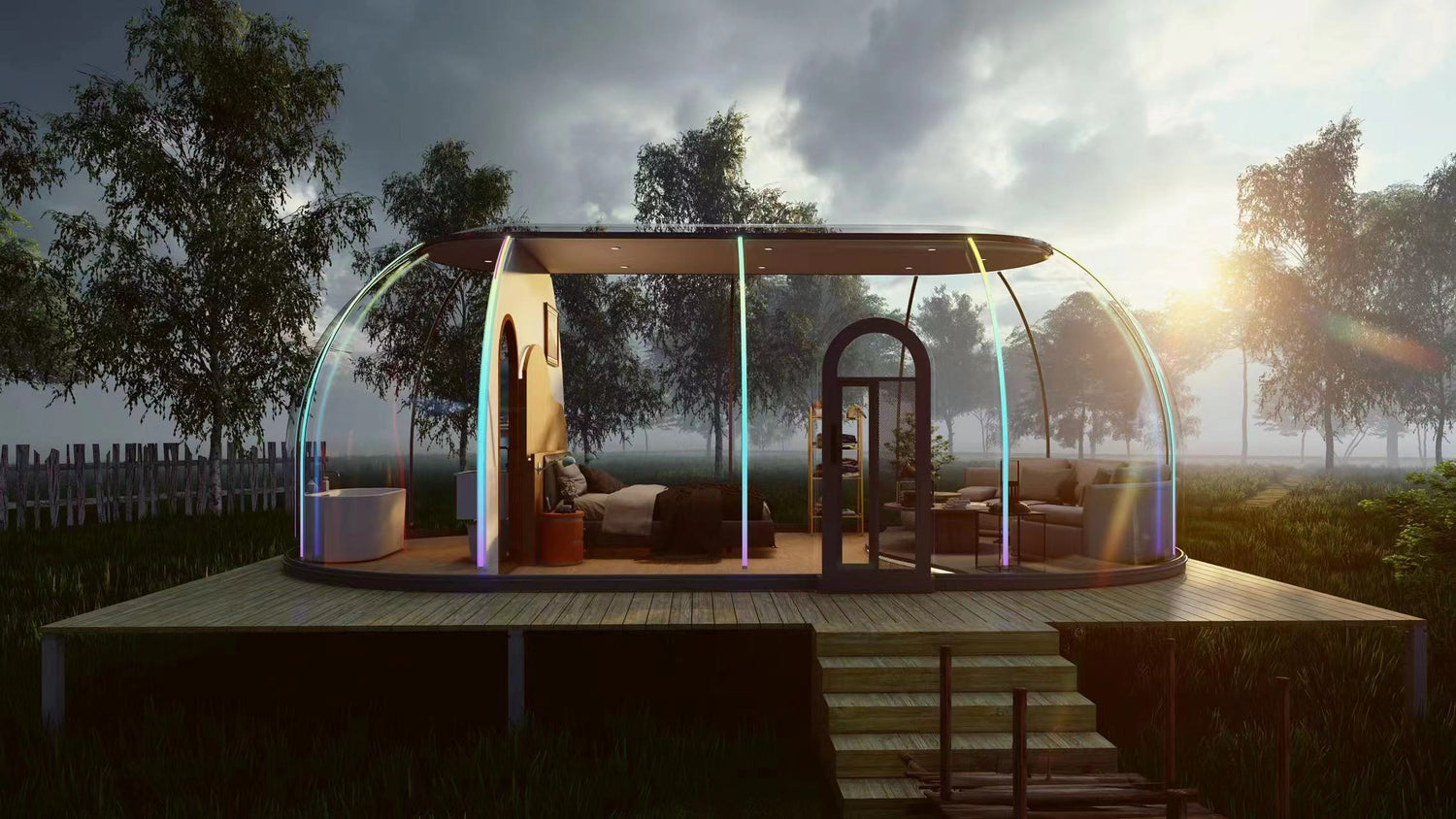 Alt text: &quot;Luxury geodesic dome with transparent walls set in a scenic outdoor environment, showcasing a stylish interior with modern furnishings. Ideal for glamping, sustainable living, or as a unique backyard office. Keywords: geodesic dome, luxury airbnb, glamping pod, outdoor dome.&quot;